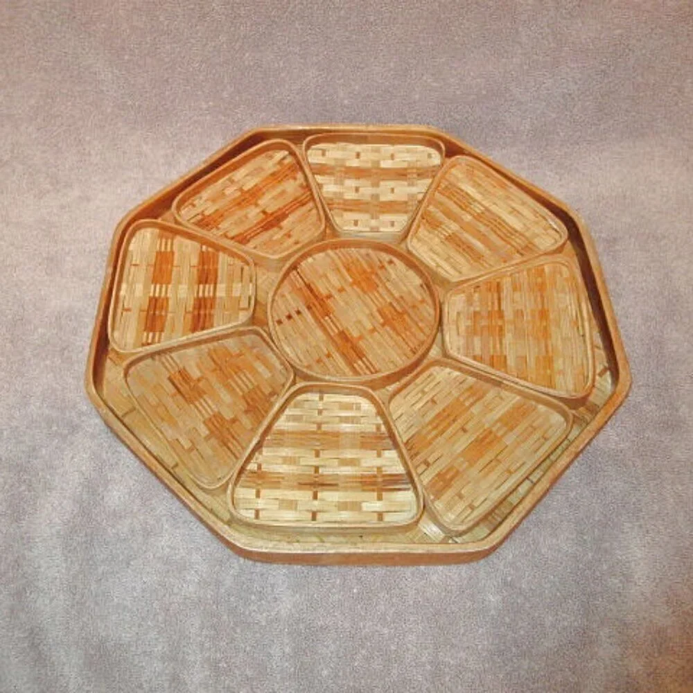 Vtg Woven Bamboo Rattan Wicker Serving Tray & Coasters 11 Piece Tradwife MCM 70s